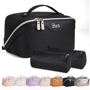 Travel Makeup Bags For Women: Vegan Leather Cosmetic Bag Set Of 3 - Large🤪